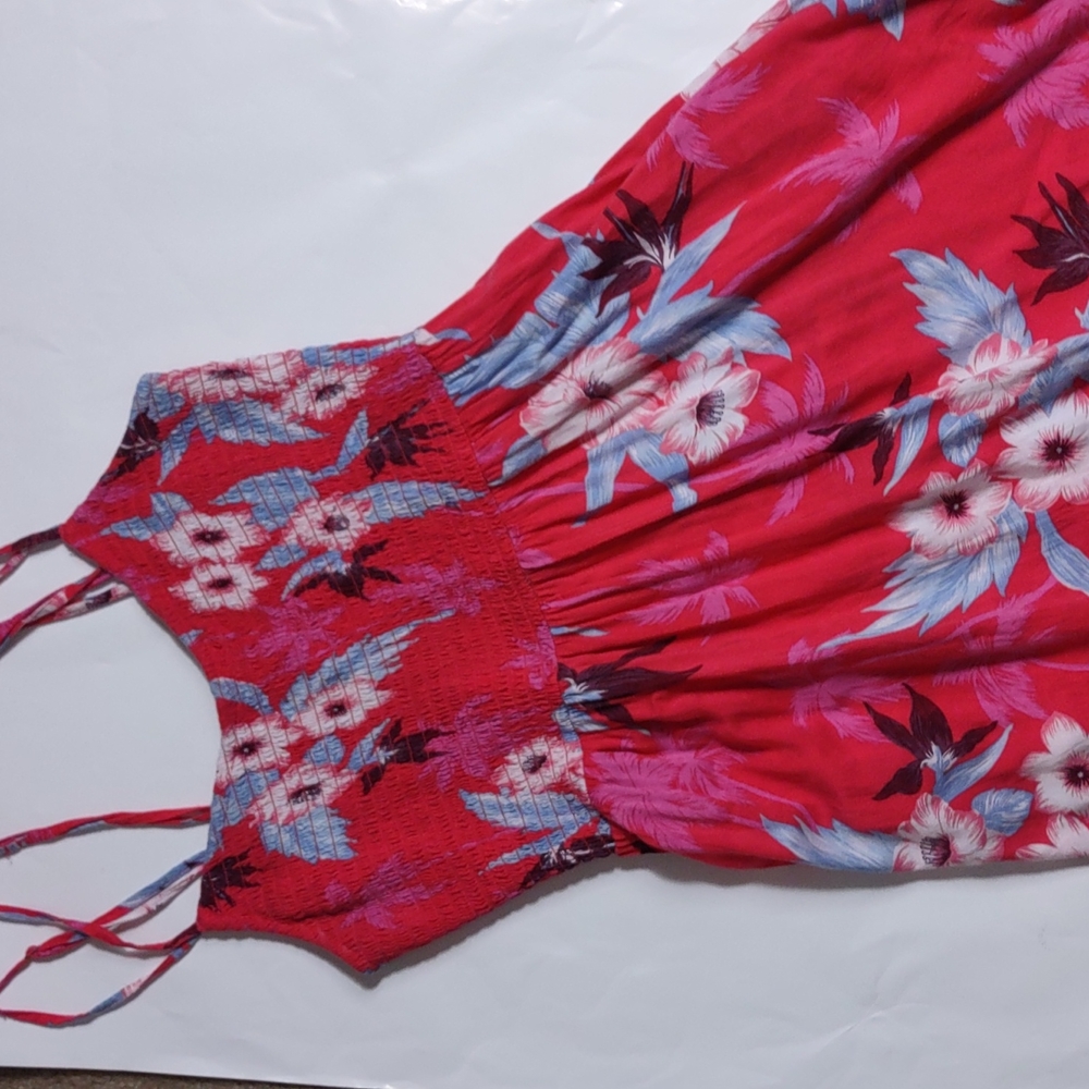 American Eagle Outfitters Tropical Print Coral Pink Smocked Mini Dress XS